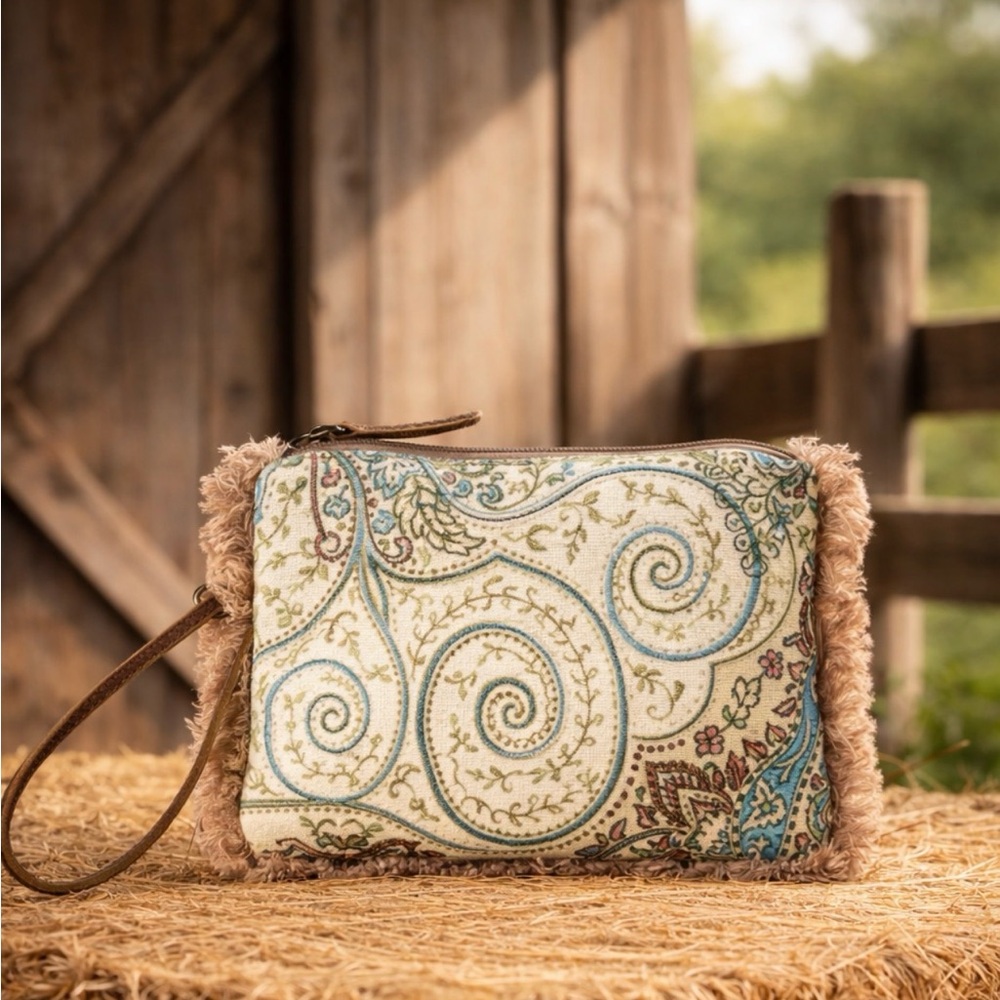 NWT Myra Bag “Mystic Meadow” Beaded Embroidered Boho Blue & Cream Wristlet
